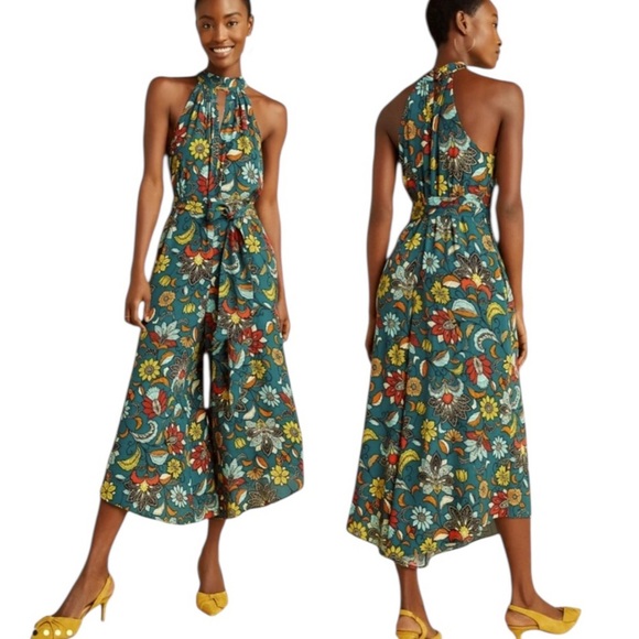Anthropologie Geneva Halter Wide Leg Floral Jumpsuit Green Size XS - Picture 2 of 14
